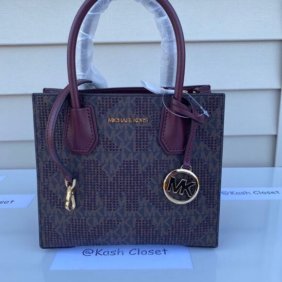 Michael Kors Mercer Messenger Bag Medium Satchel Purse MK Signature Merlot - Picture 7 of 9